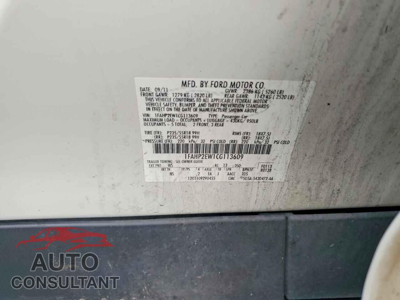 FORD TAURUS 2012 - 1FAHP2EW1CG113609