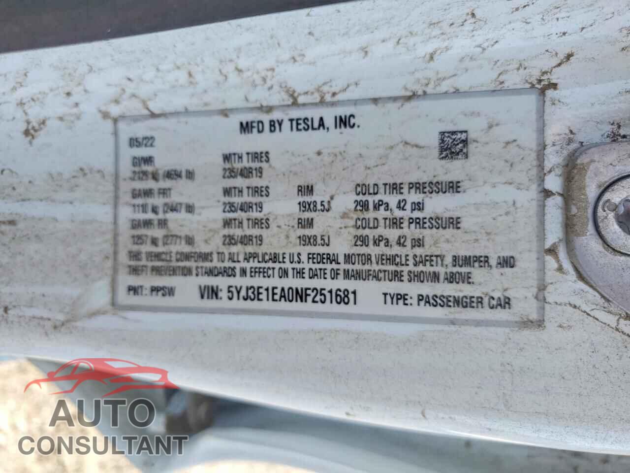 TESLA MODEL 3 2022 - 5YJ3E1EA0NF251681