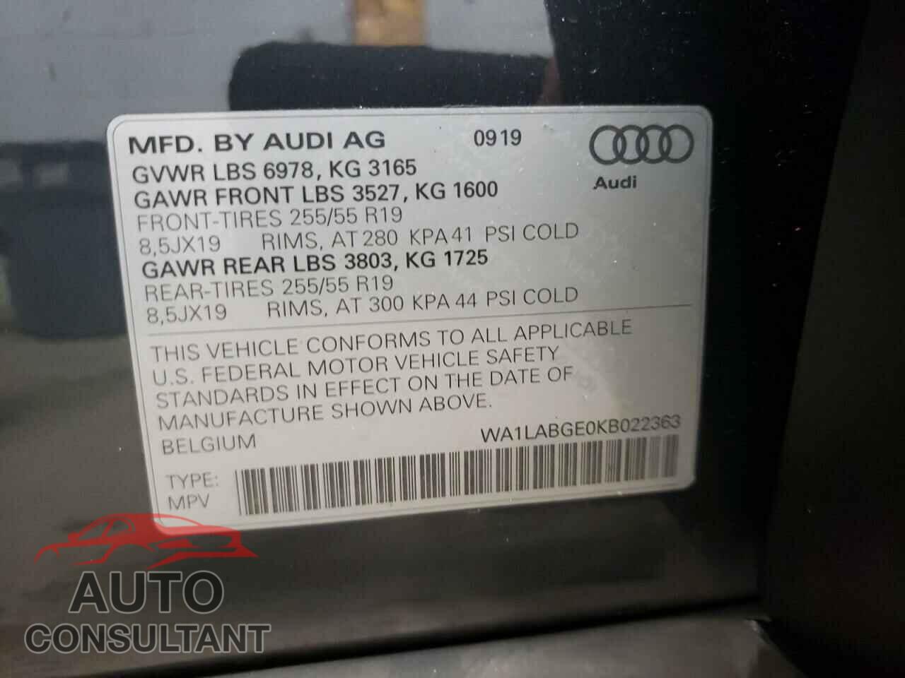 AUDI E-TRON 2019 - WA1LABGE0KB022363