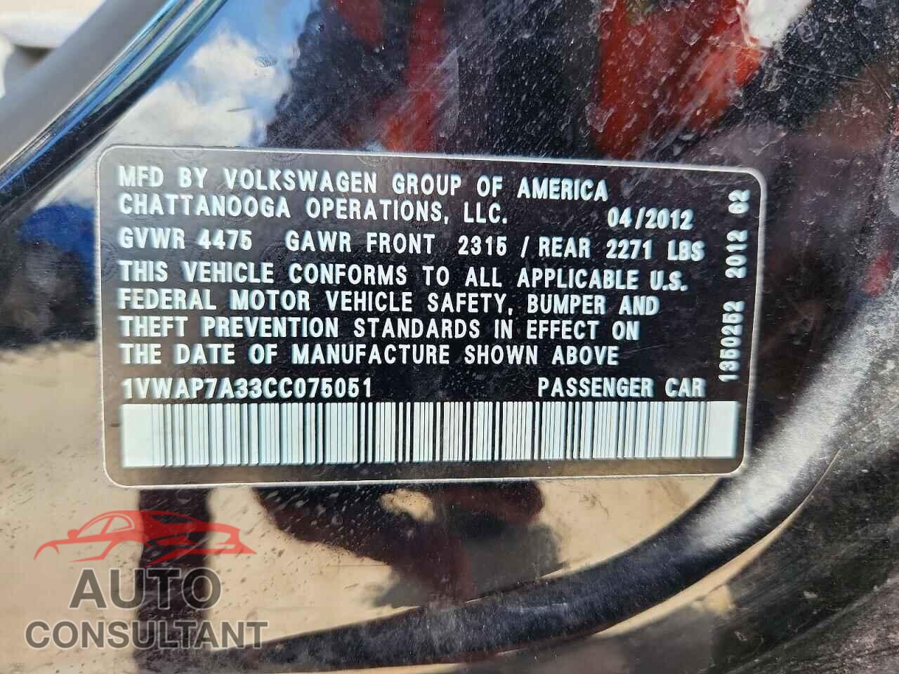 VOLKSWAGEN PASSAT 2012 - 1VWAP7A33CC075051
