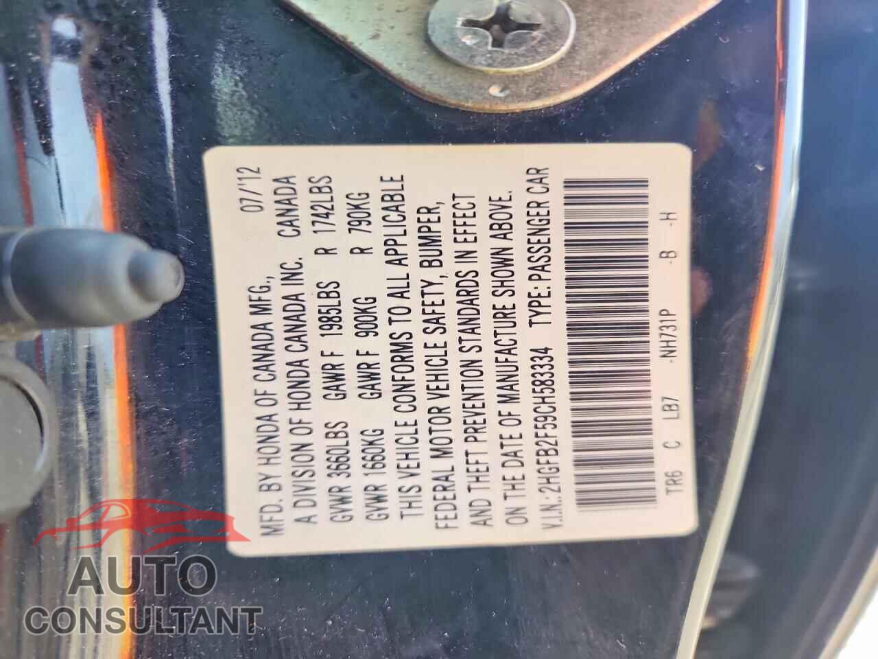 HONDA CIVIC 2012 - 2HGFB2F59CH583334