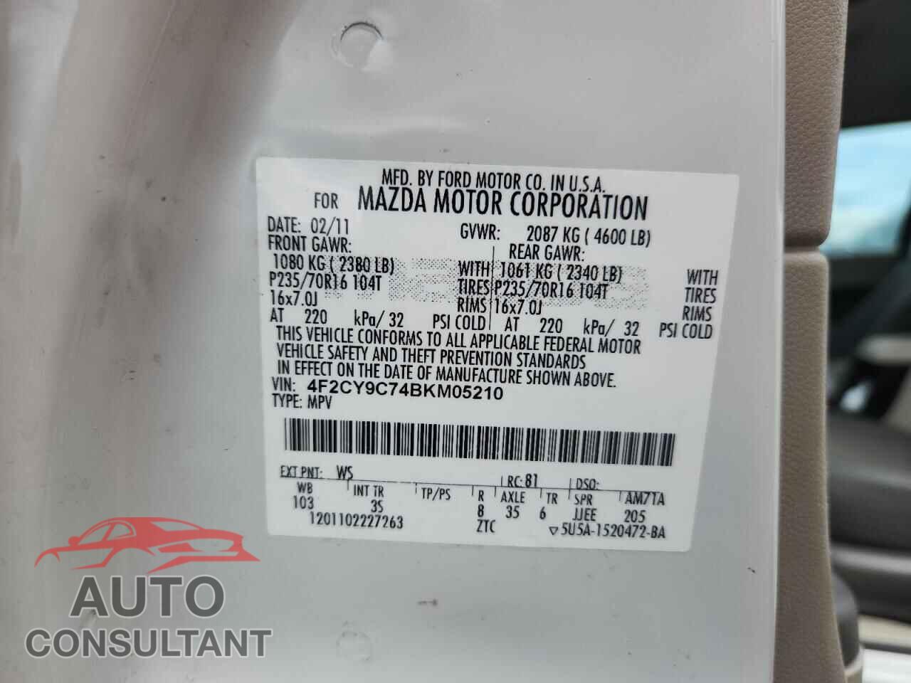 MAZDA TRIBUTE 2011 - 4F2CY9C74BKM05210