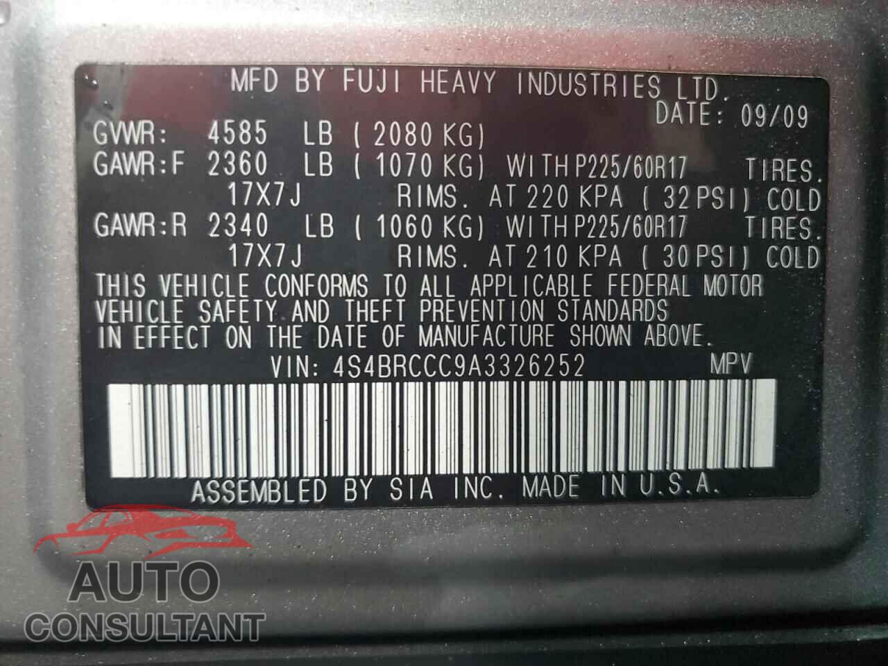 SUBARU OUTBACK 2010 - 4S4BRCCC9A3326252