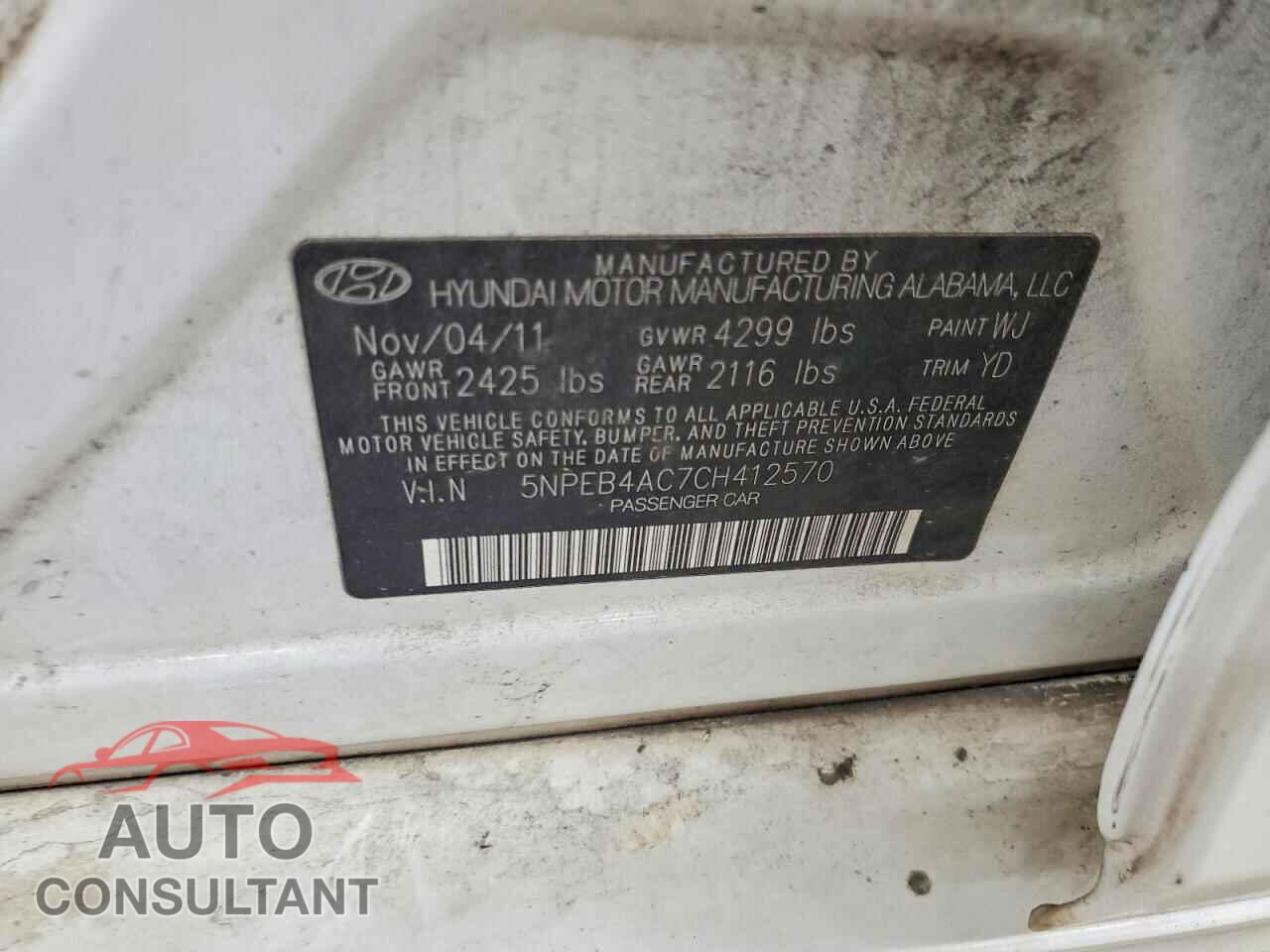 HYUNDAI SONATA 2012 - 5NPEB4AC7CH412570