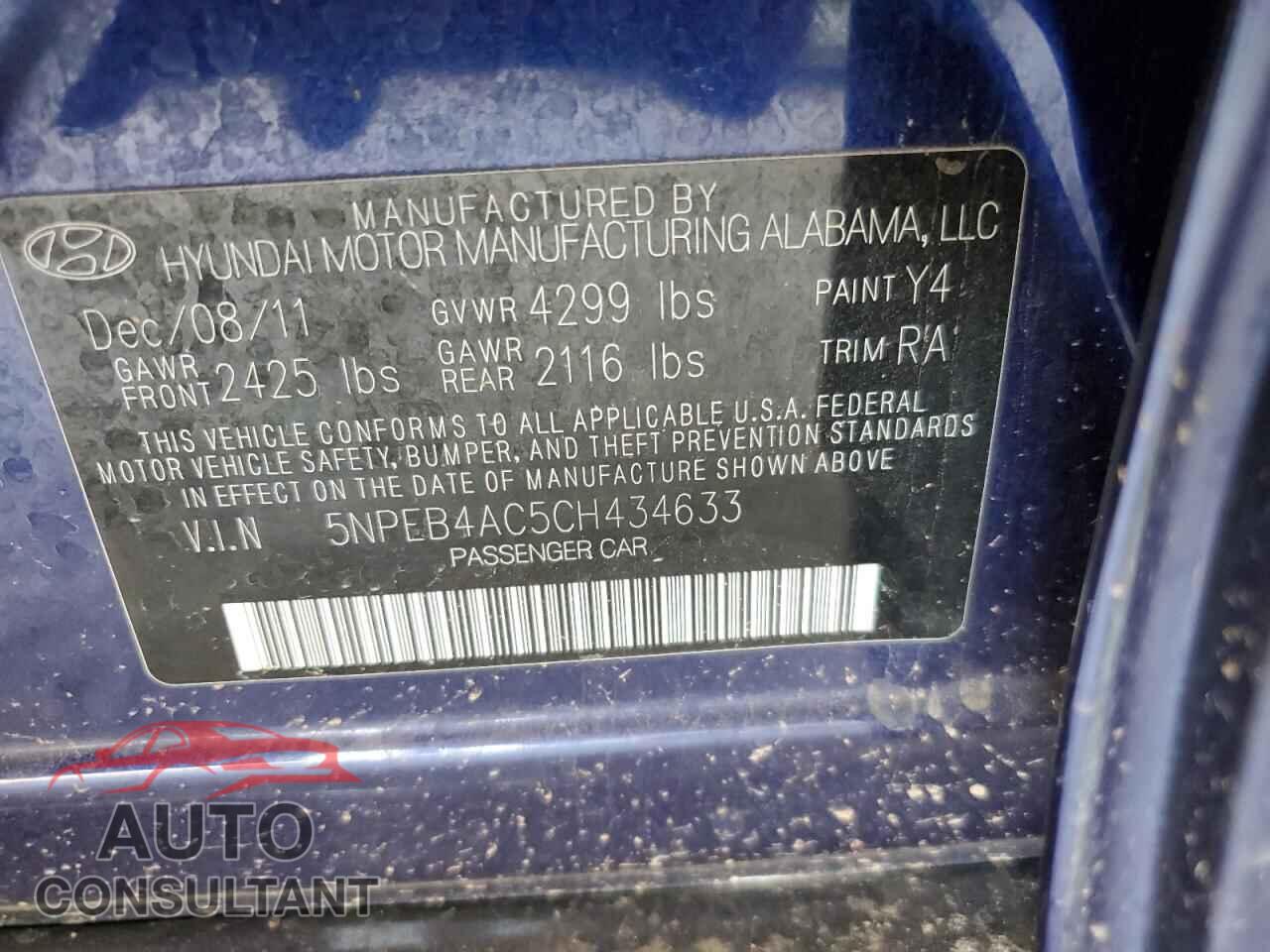 HYUNDAI SONATA 2012 - 5NPEB4AC5CH434633