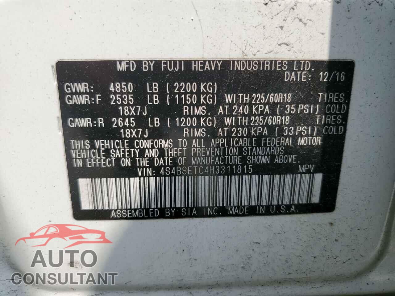 SUBARU OUTBACK 2017 - 4S4BSETC4H3311815