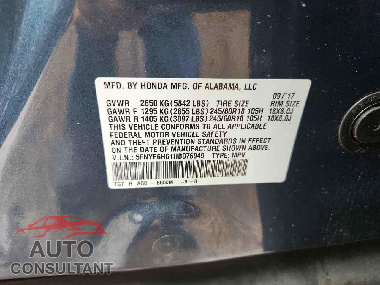 HONDA PILOT 2017 - 5FNYF6H61HB076949