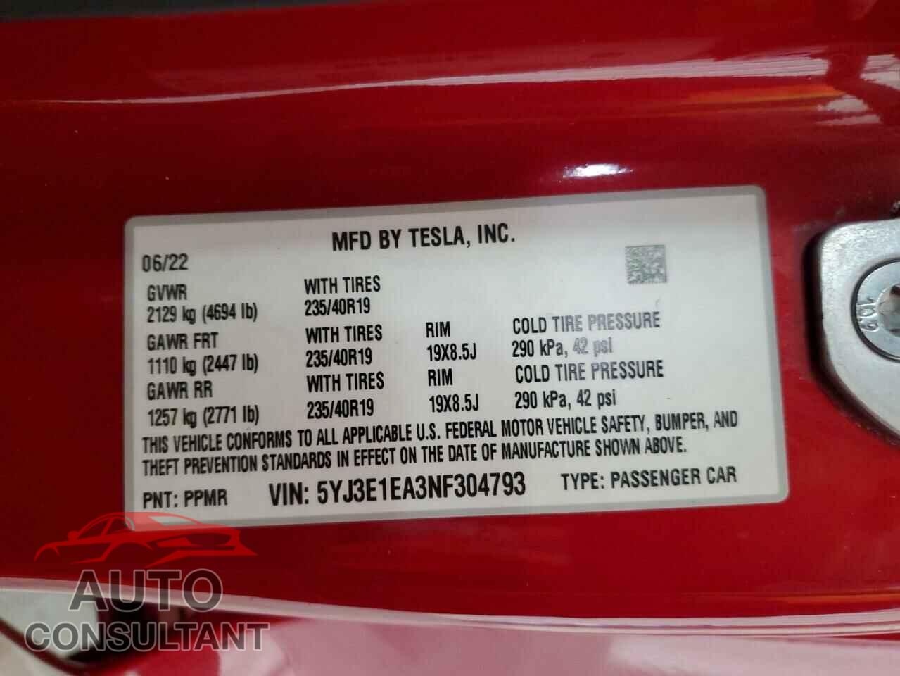 TESLA MODEL 3 2022 - 5YJ3E1EA3NF304793