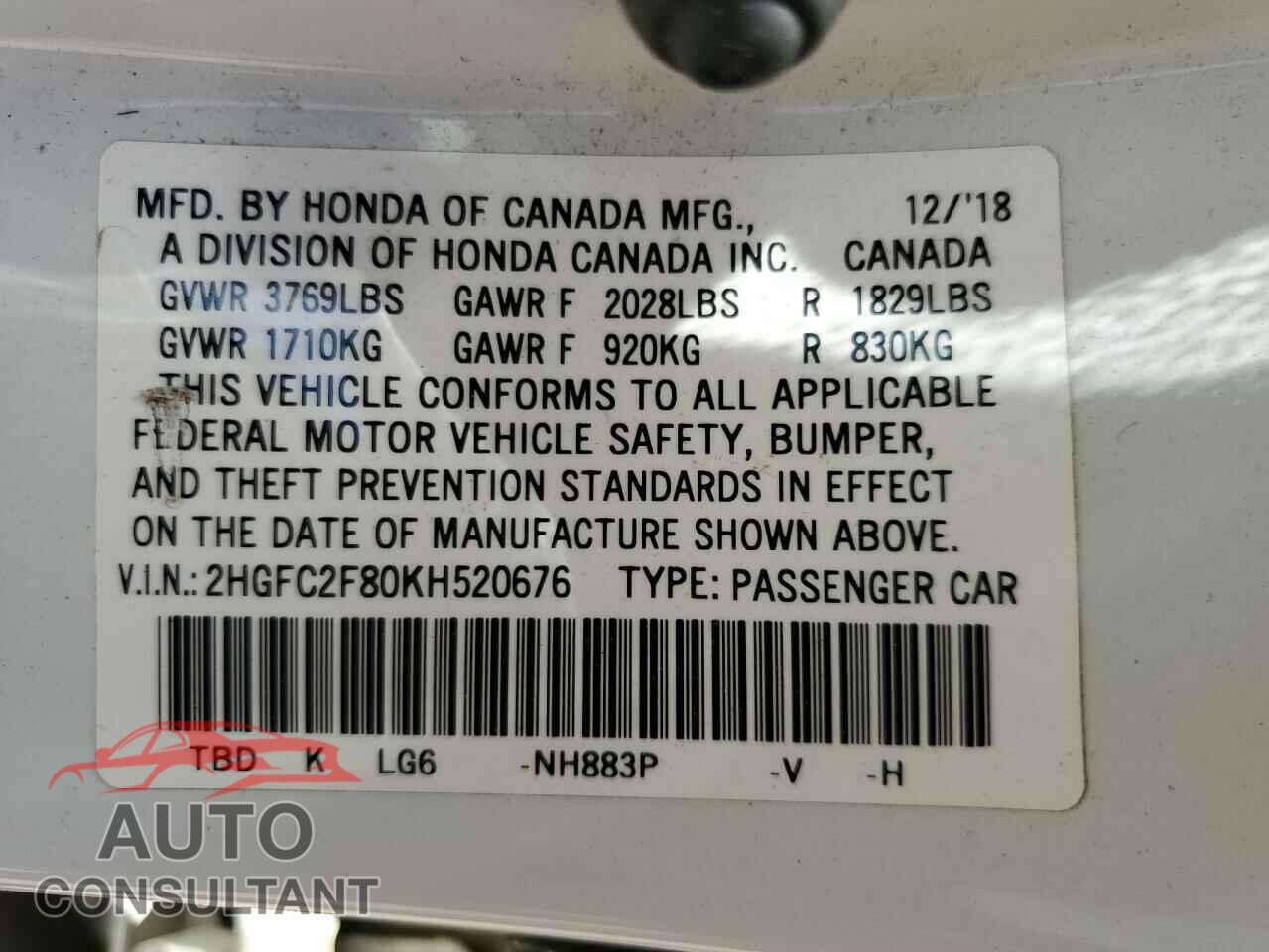 HONDA CIVIC 2019 - 2HGFC2F80KH520676