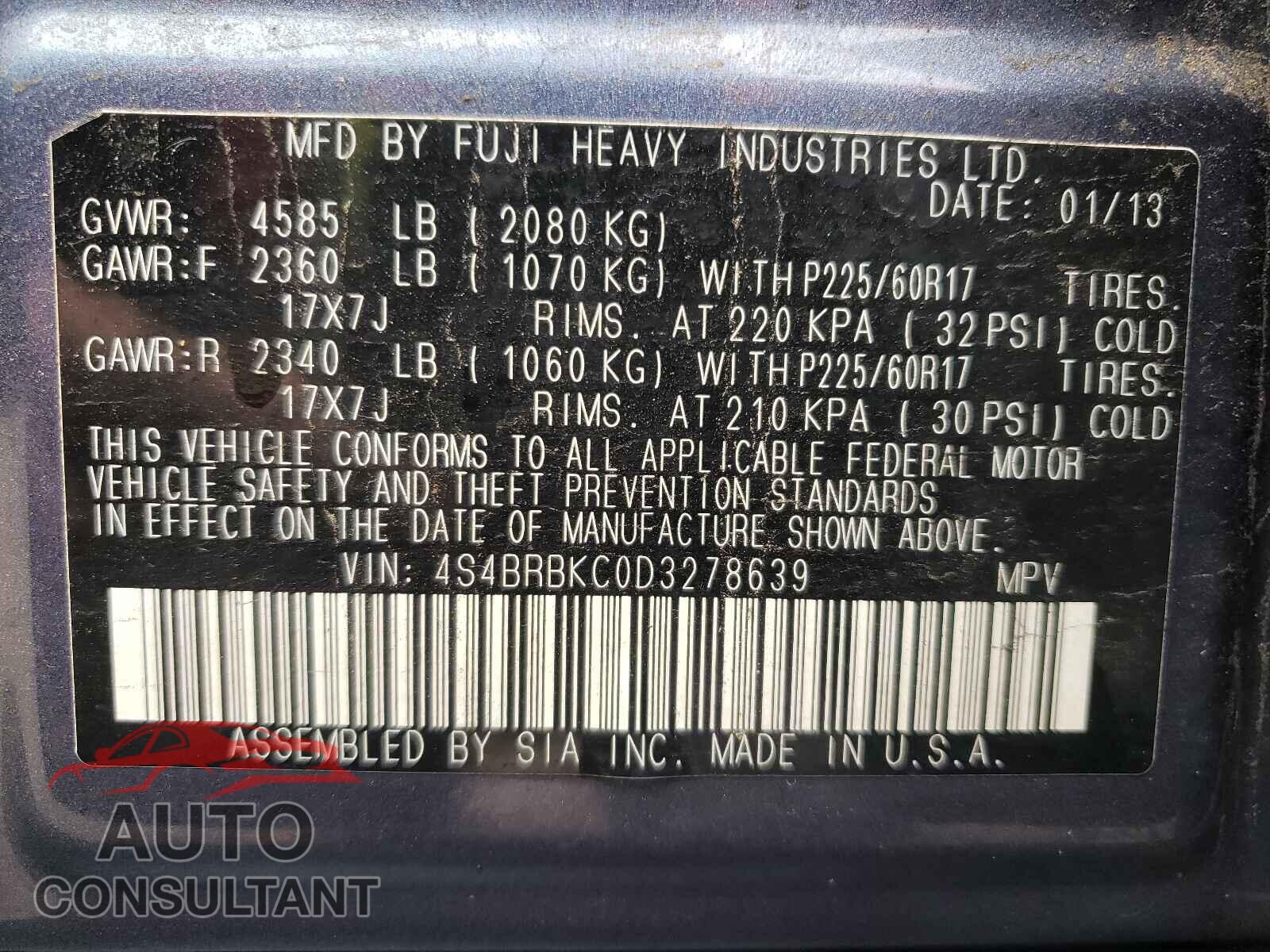 SUBARU OUTBACK 2013 - 4S4BRBKC0D3278639