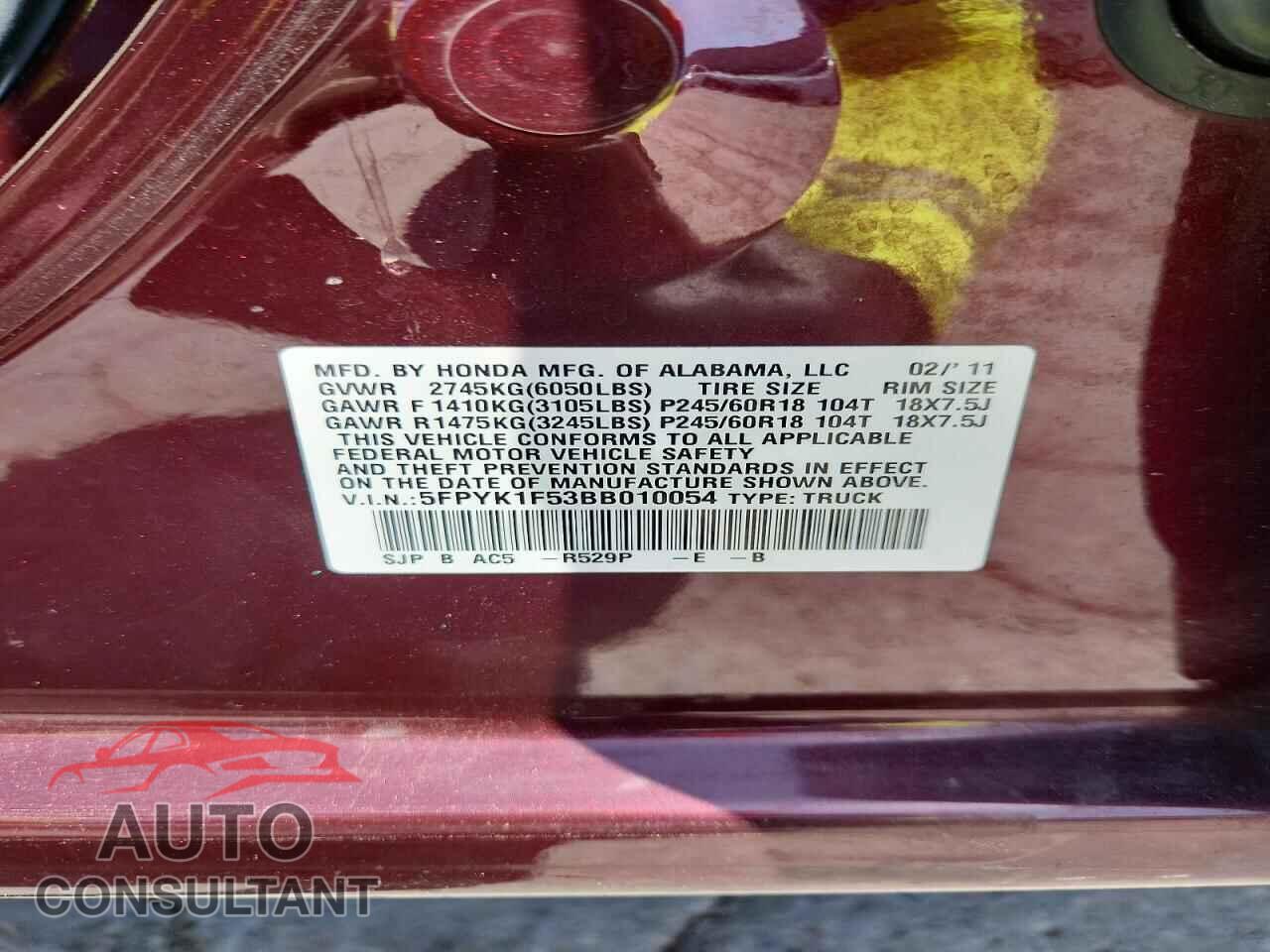 HONDA RIDGELINE 2011 - 5FPYK1F53BB010054