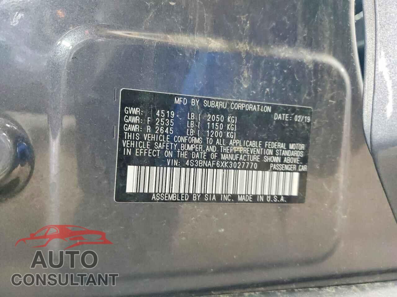 SUBARU LEGACY 2019 - 4S3BNAF6XK3027770