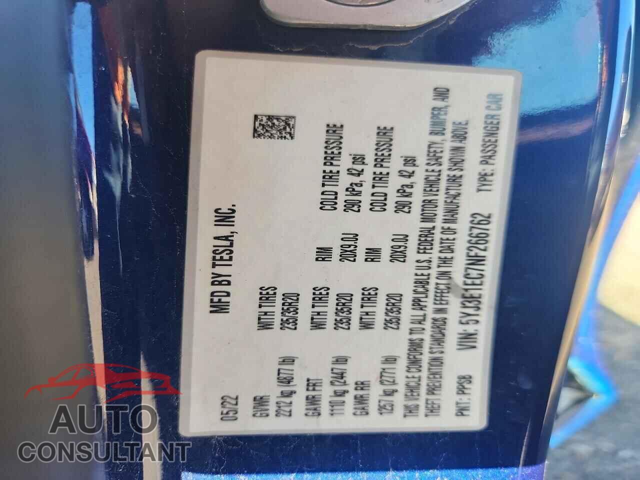 TESLA MODEL 3 2022 - 5YJ3E1EC7NF266762