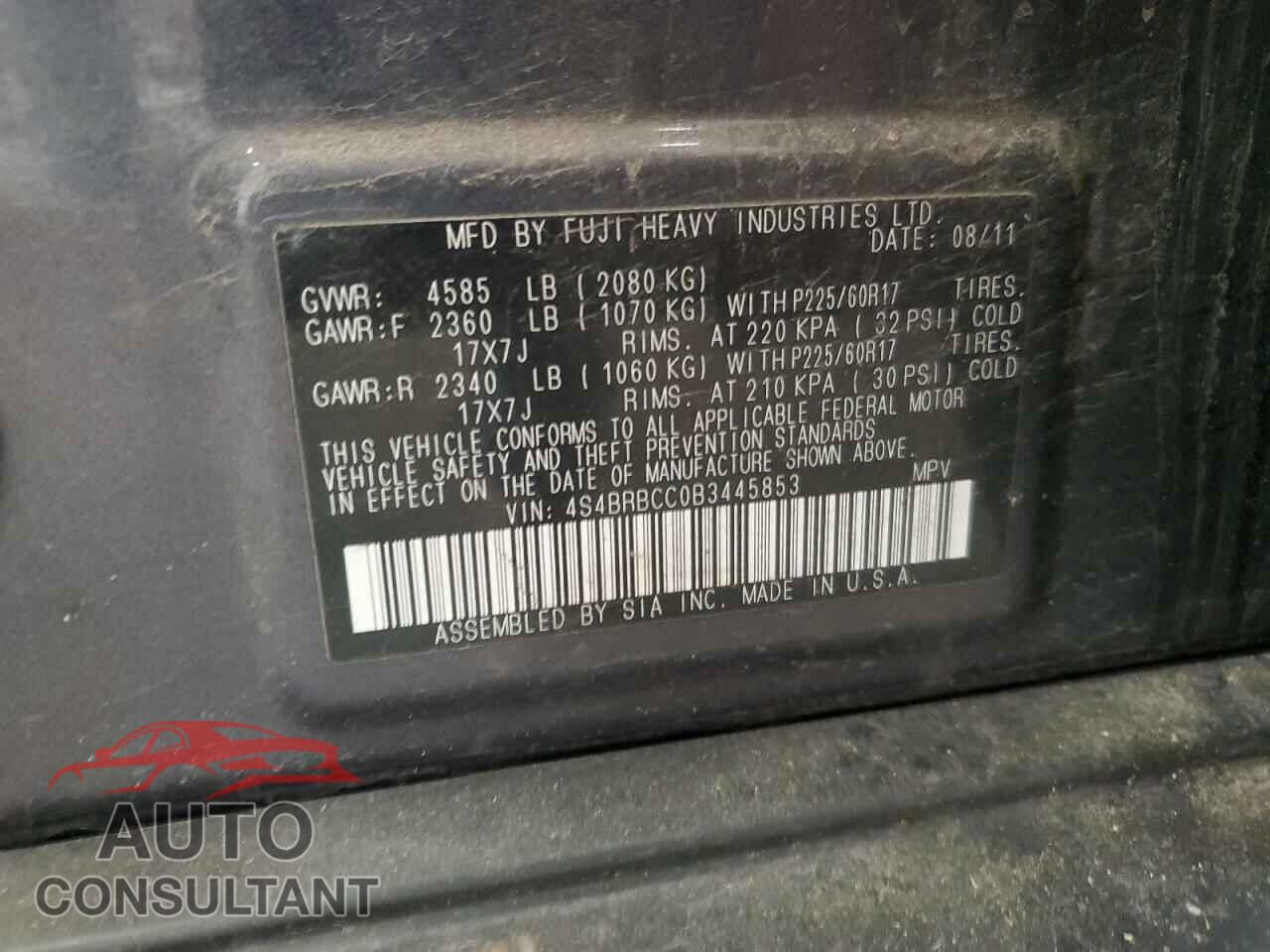 SUBARU OUTBACK 2011 - 4S4BRBCC0B3445853