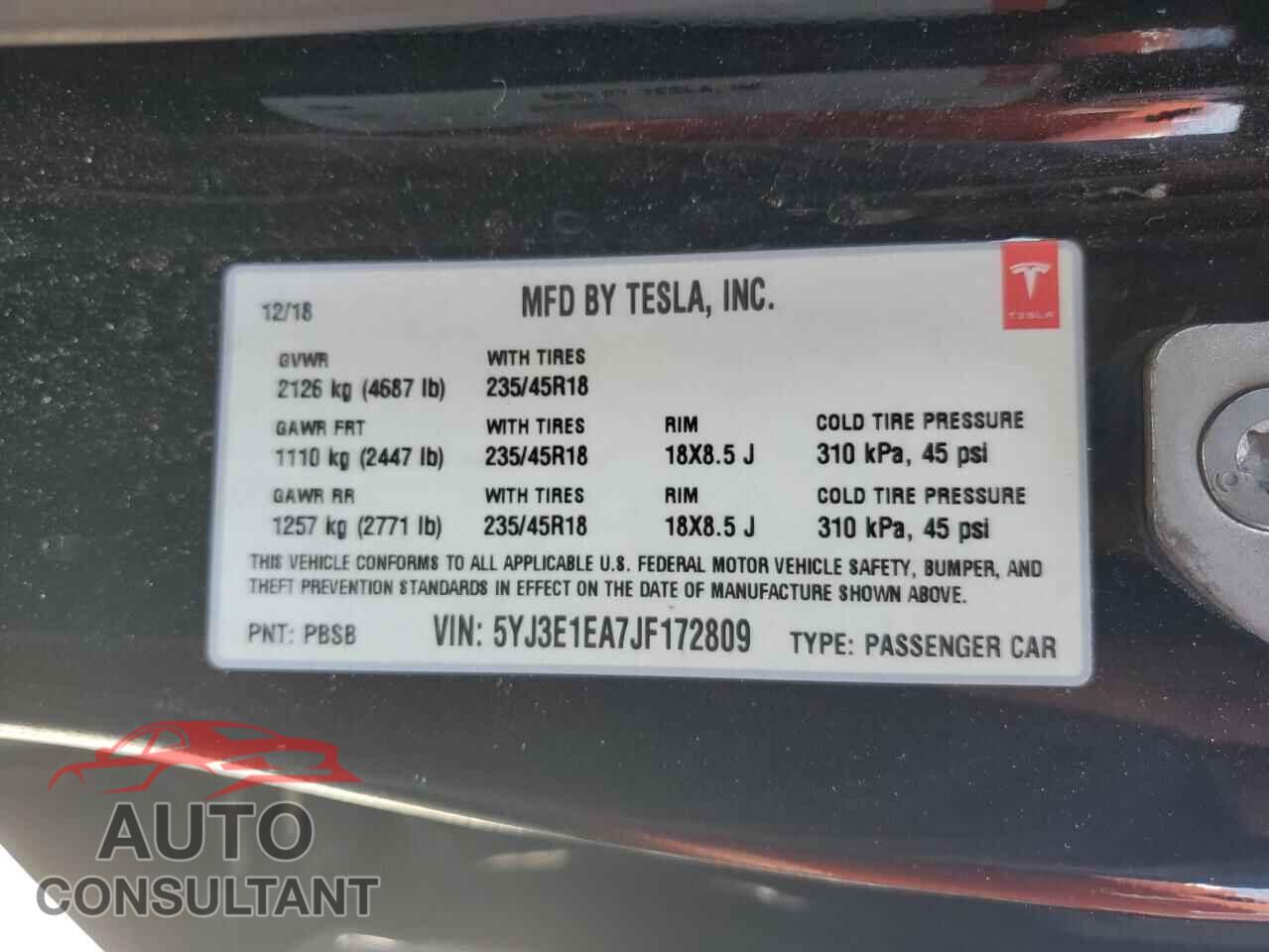 TESLA MODEL 3 2018 - 5YJ3E1EA7JF172809