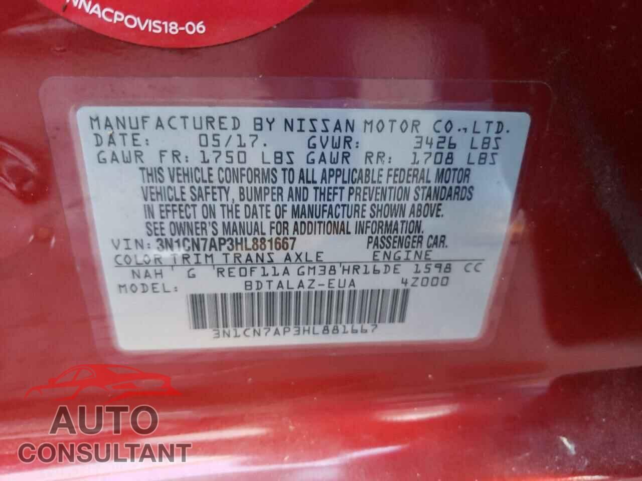NISSAN VERSA 2017 - 3N1CN7AP3HL881667
