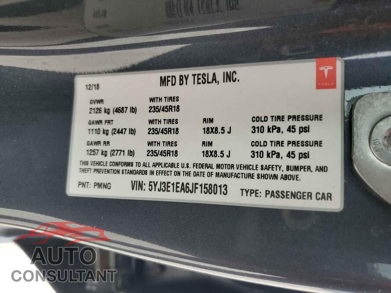 TESLA MODEL 3 2018 - 5YJ3E1EA6JF158013