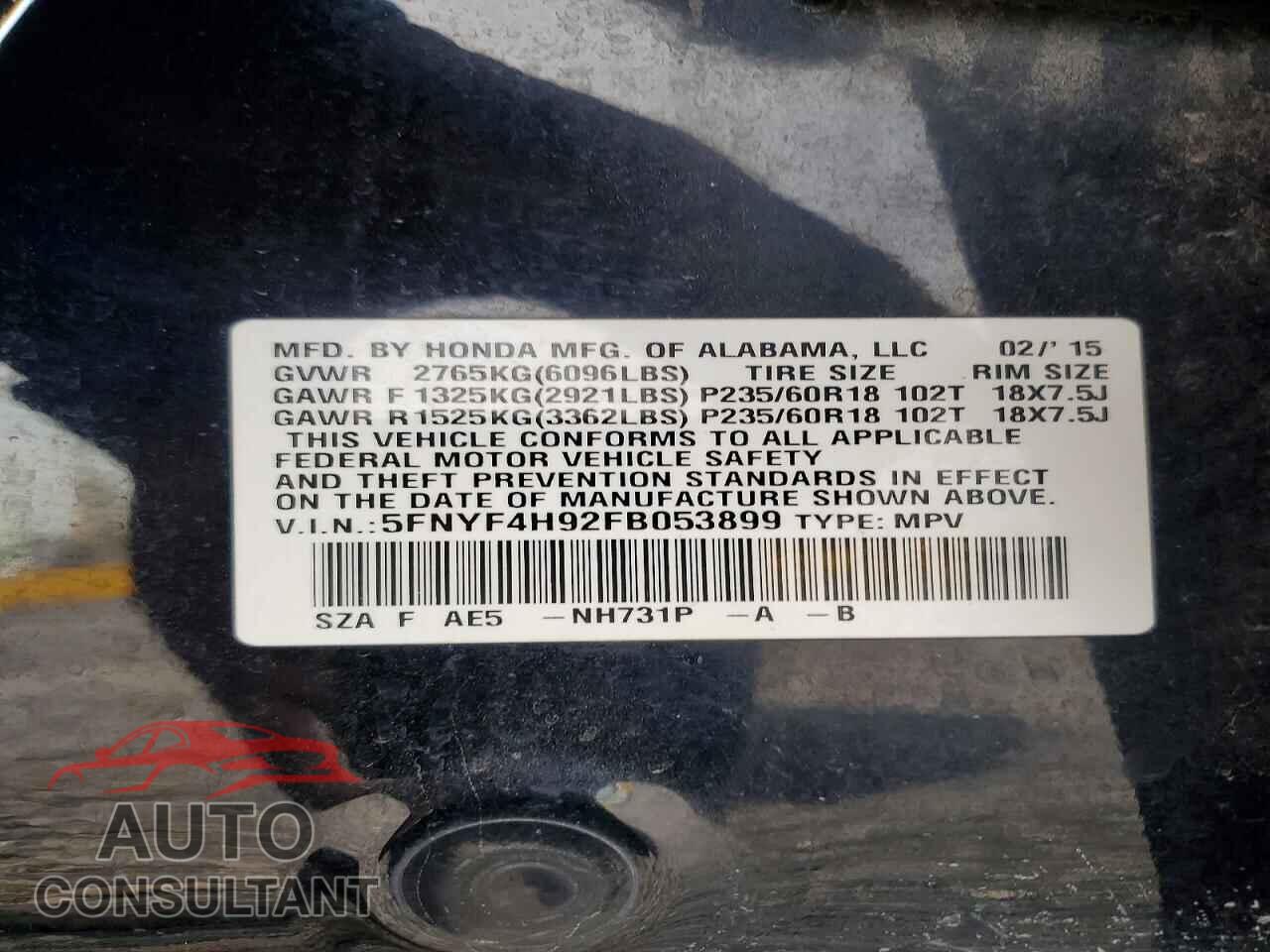 HONDA PILOT 2015 - 5FNYF4H92FB053899