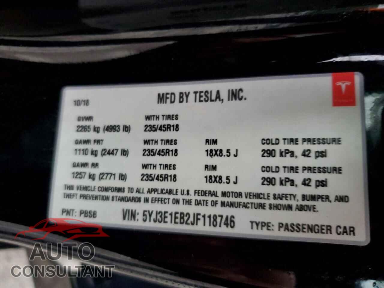 TESLA MODEL 3 2018 - 5YJ3E1EB2JF118746