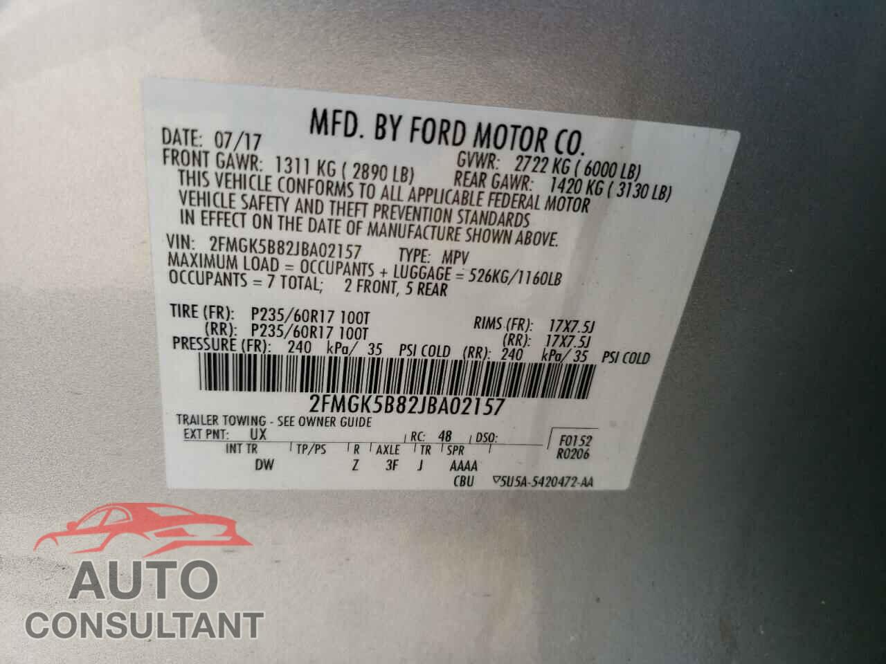 FORD FLEX 2018 - 2FMGK5B82JBA02157