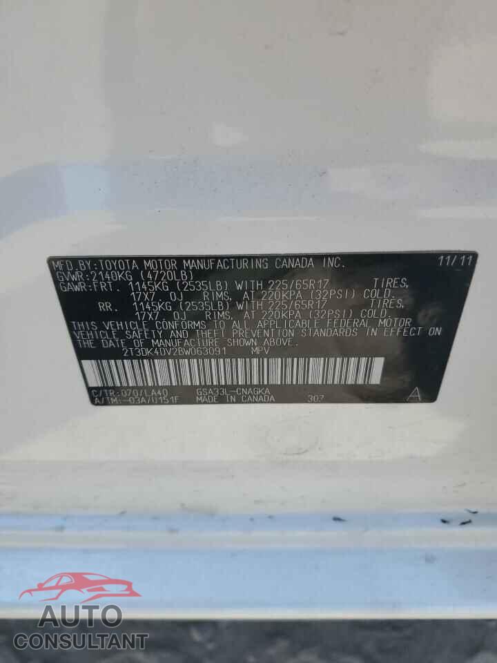 TOYOTA RAV4 2011 - 2T3DK4DV2BW063091