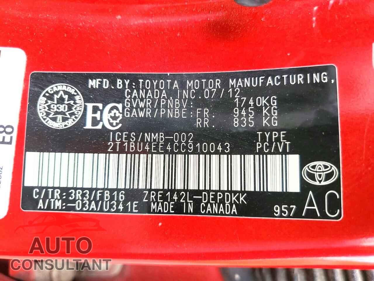 TOYOTA COROLLA 2012 - 2T1BU4EE4CC910043
