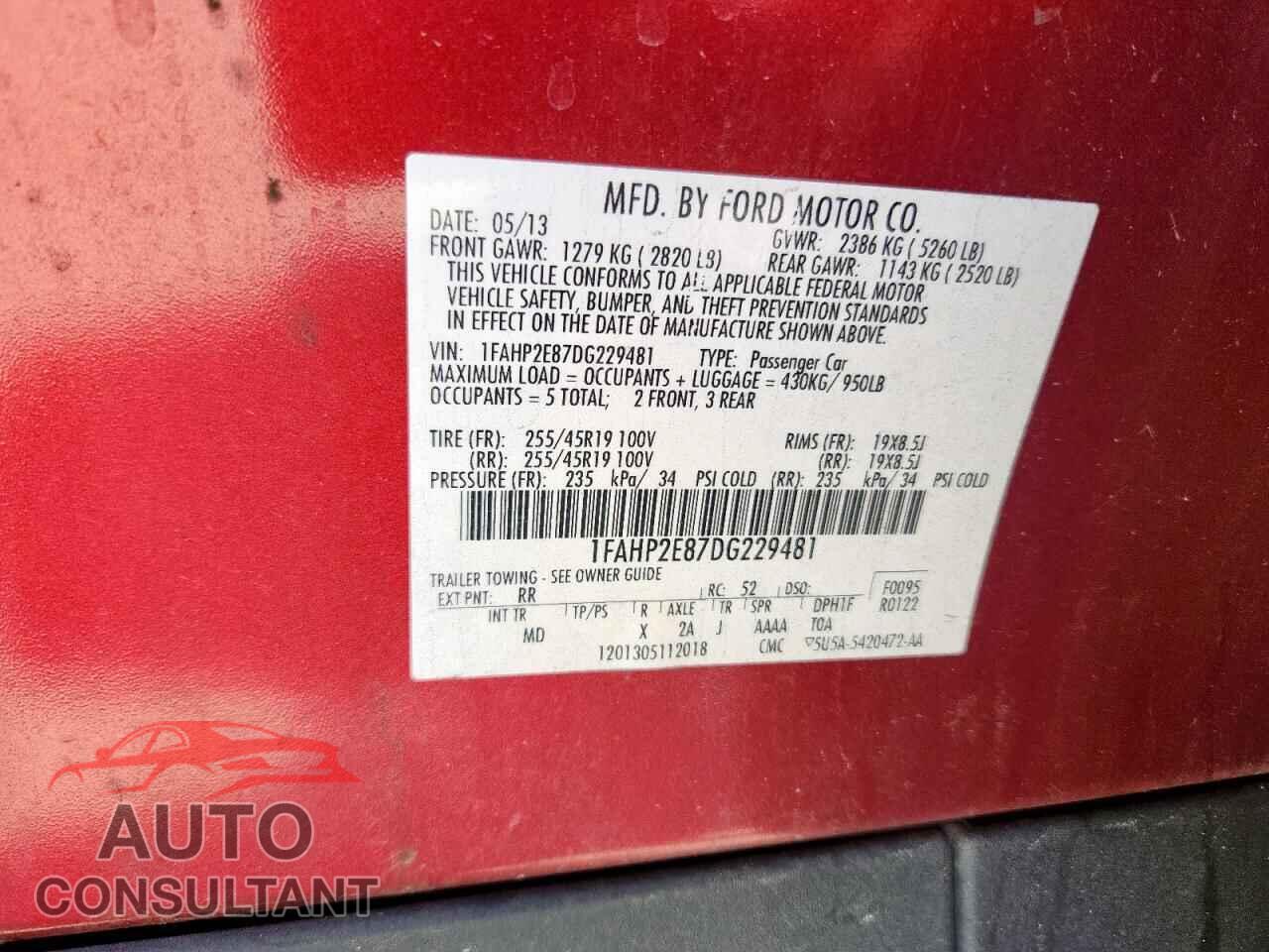 FORD TAURUS 2013 - 1FAHP2E87DG229481