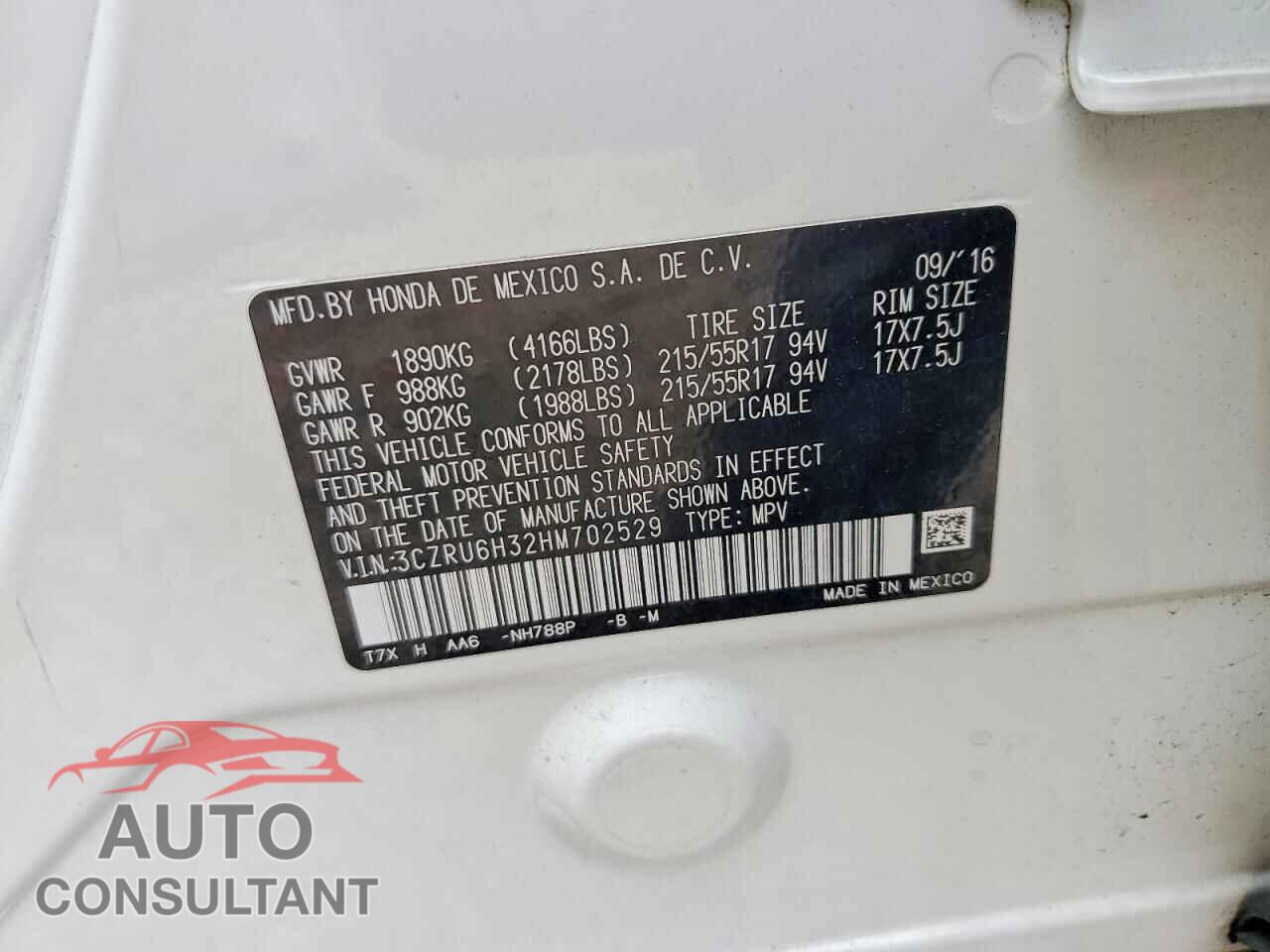 HONDA HR-V 2017 - 3CZRU6H32HM702529