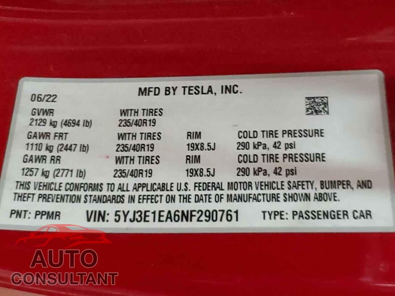 TESLA MODEL 3 2022 - 5YJ3E1EA6NF290761