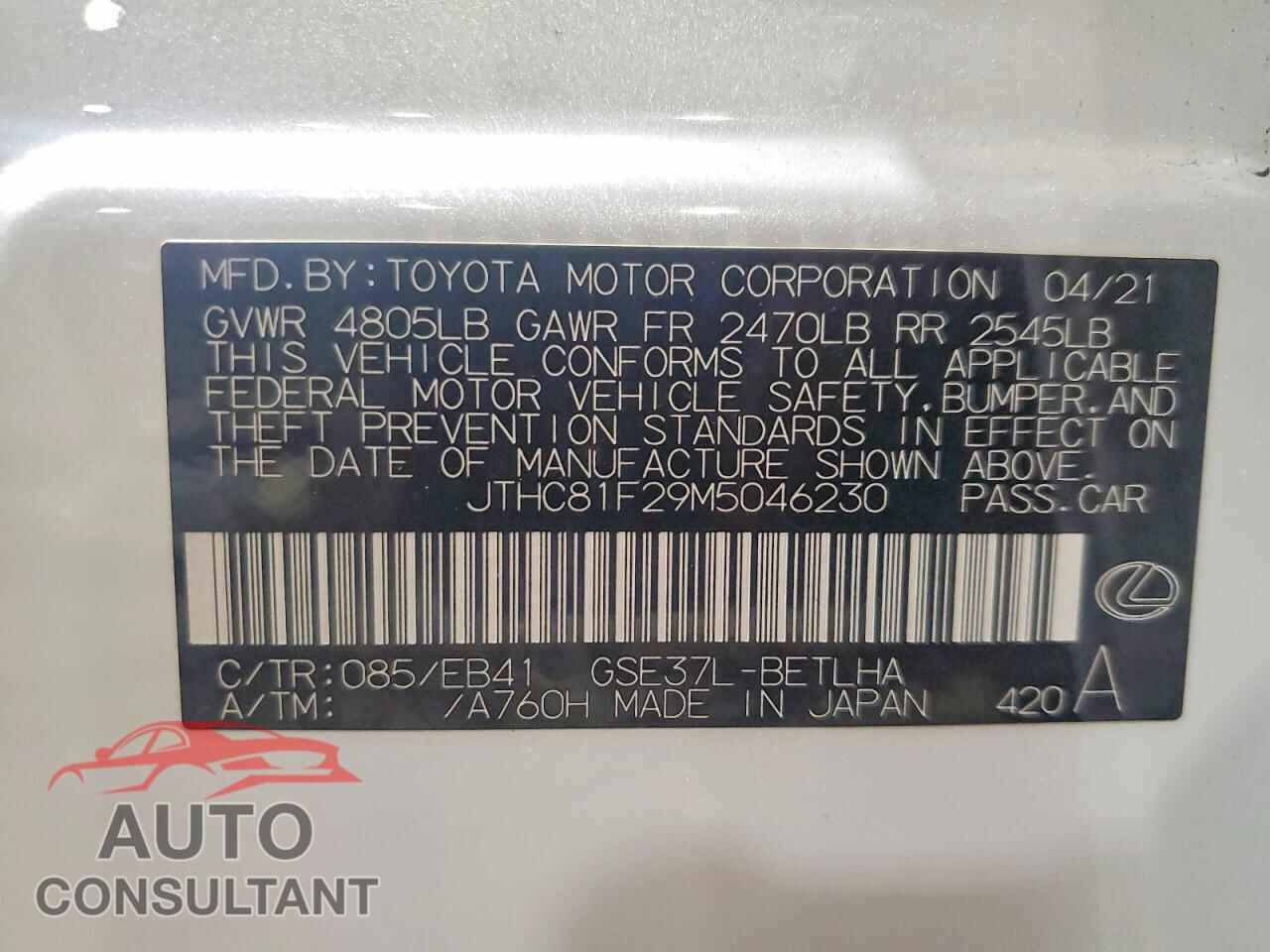 LEXUS IS 2021 - JTHC81F29M5046230