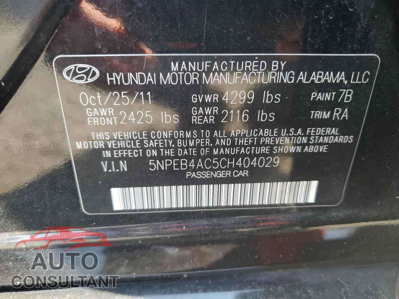 HYUNDAI SONATA 2012 - 5NPEB4AC5CH404029