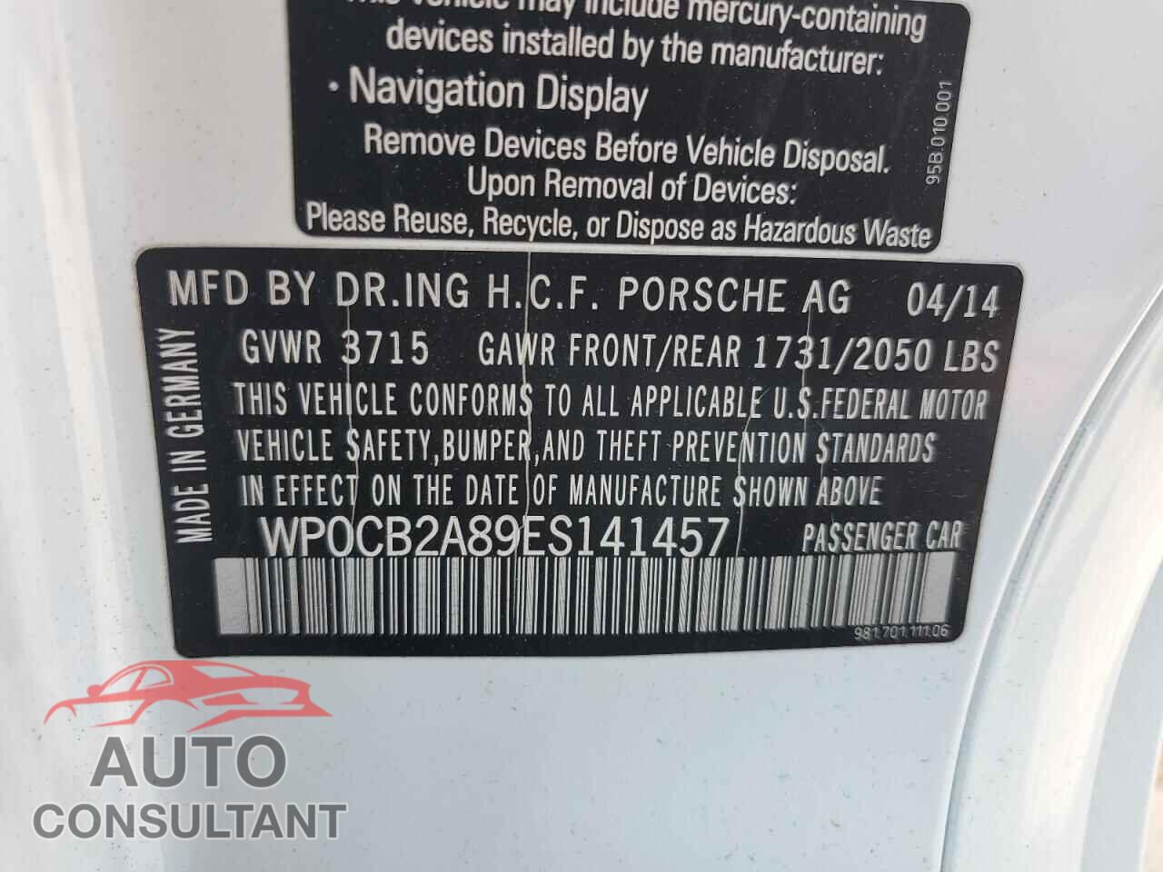 PORSCHE BOXSTER 2014 - WP0CB2A89ES141457