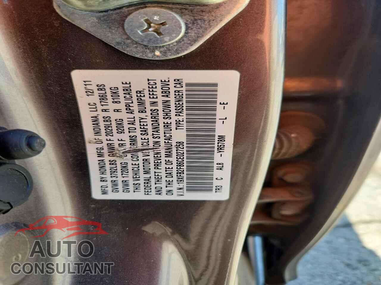 HONDA CIVIC 2012 - 19XFB2F86CE027258