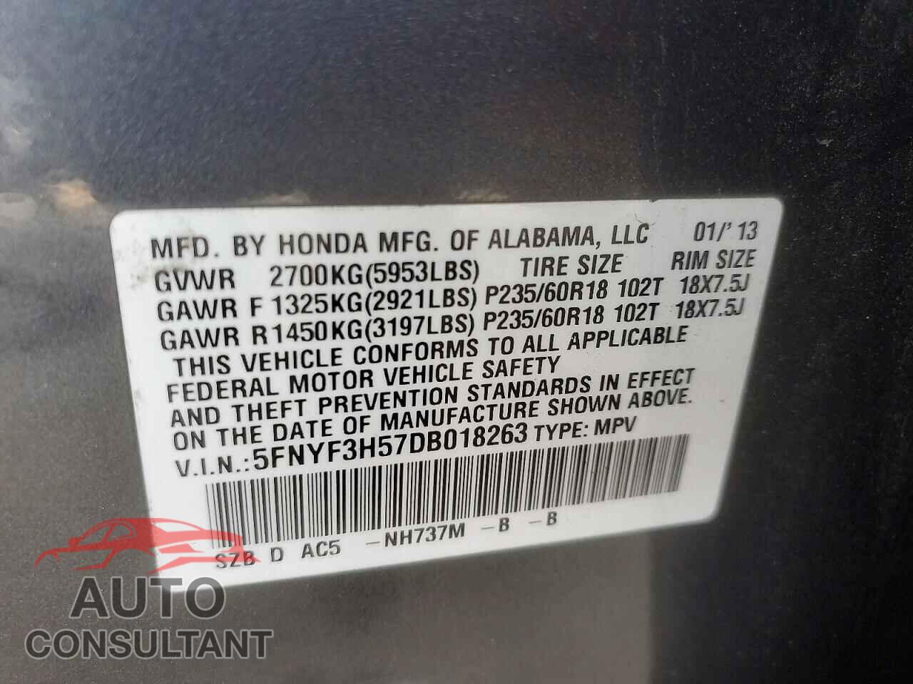 HONDA PILOT 2013 - 5FNYF3H57DB018263