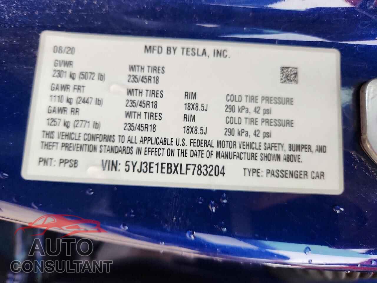 TESLA MODEL 3 2020 - 5YJ3E1EBXLF783204