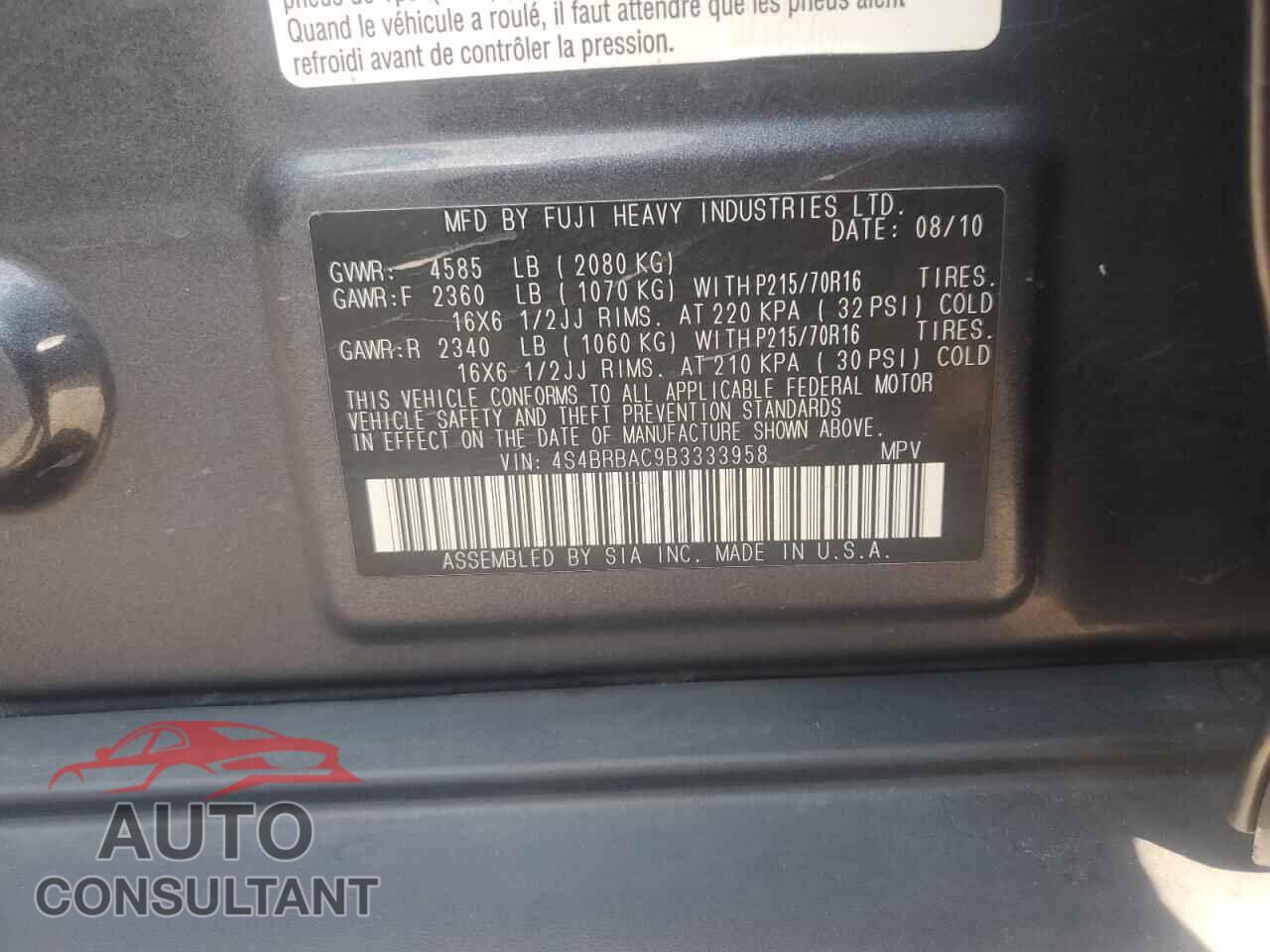 SUBARU OUTBACK 2011 - 4S4BRBAC9B3333958
