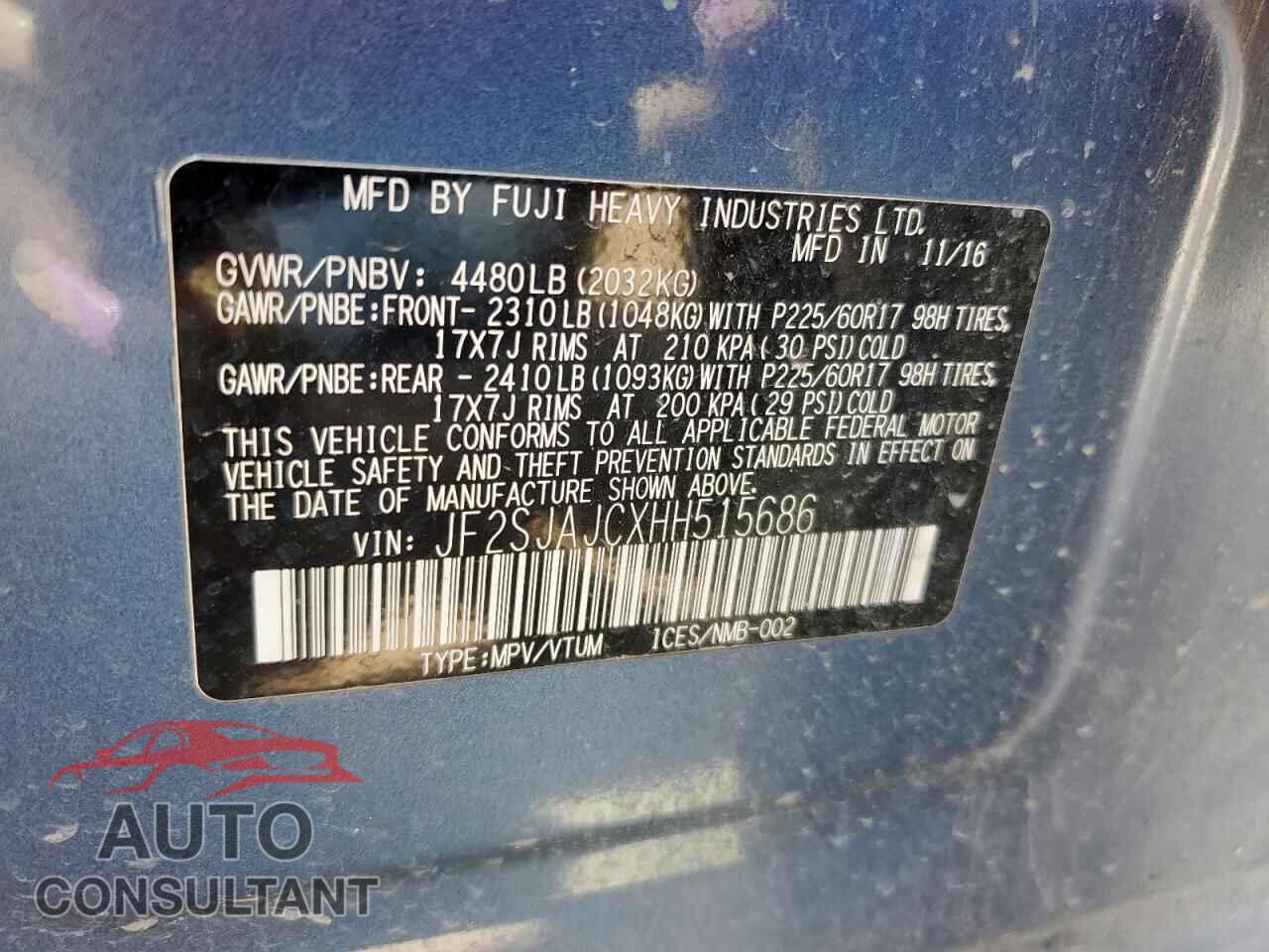 SUBARU FORESTER 2017 - JF2SJAJCXHH515686