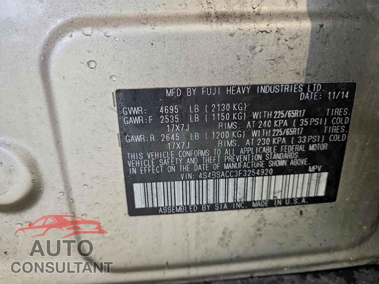 SUBARU OUTBACK 2015 - 4S4BSACC3F3254920