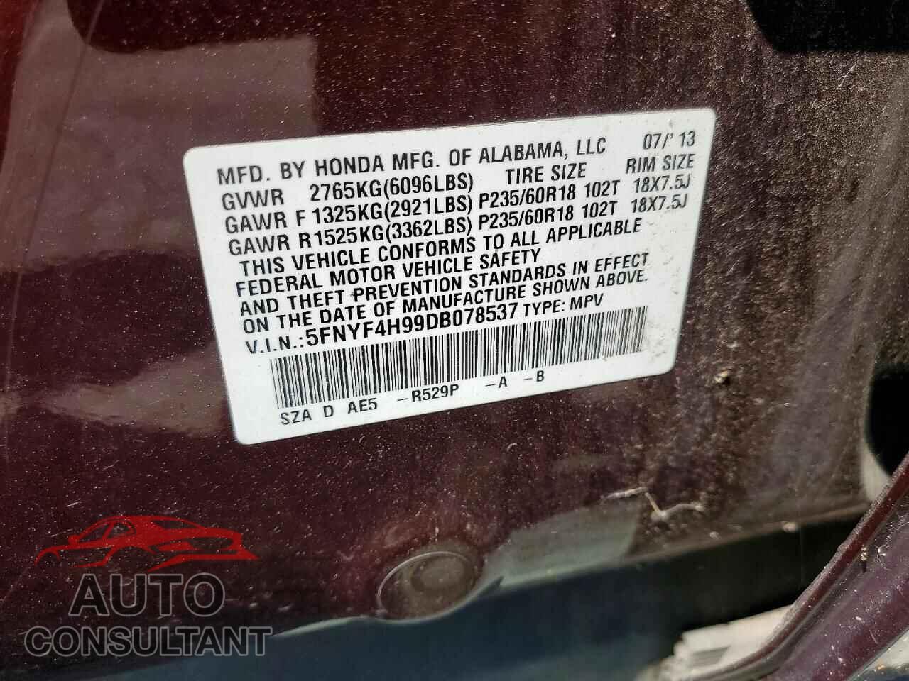 HONDA PILOT 2013 - 5FNYF4H99DB078537