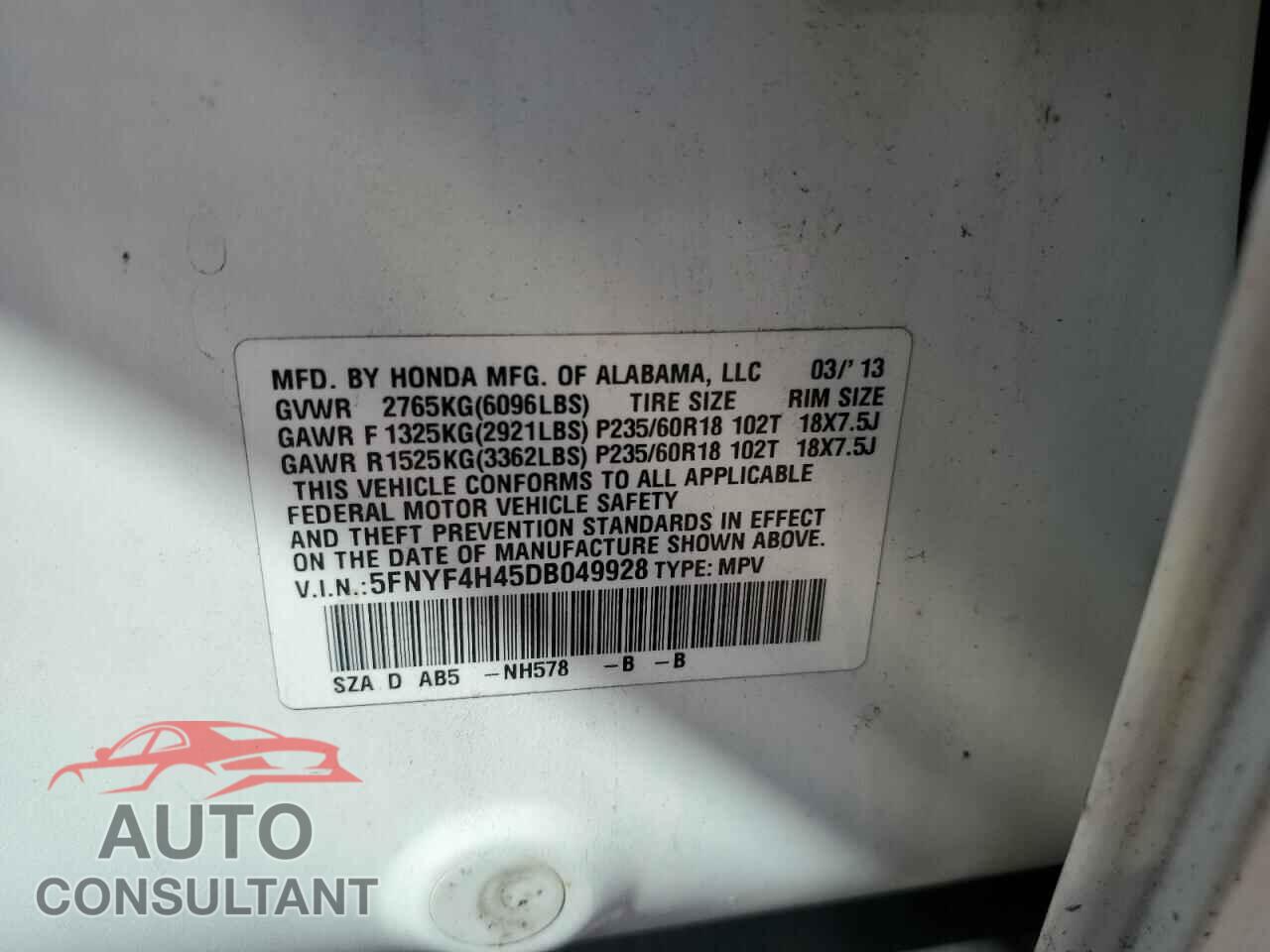 HONDA PILOT 2013 - 5FNYF4H45DB049928