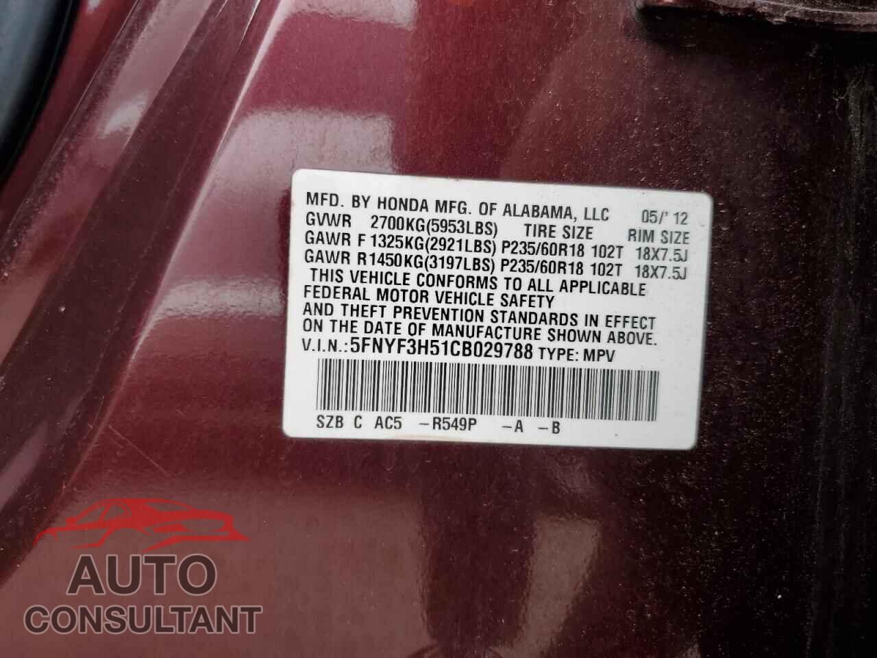 HONDA PILOT 2012 - 5FNYF3H51CB029788