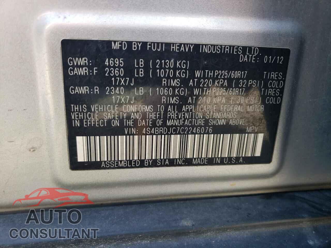 SUBARU OUTBACK 2012 - 4S4BRDJC7C2246076