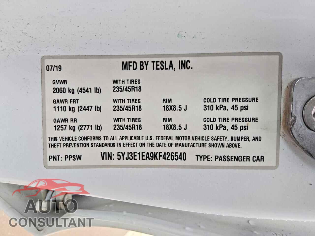TESLA MODEL 3 2019 - 5YJ3E1EA9KF426540