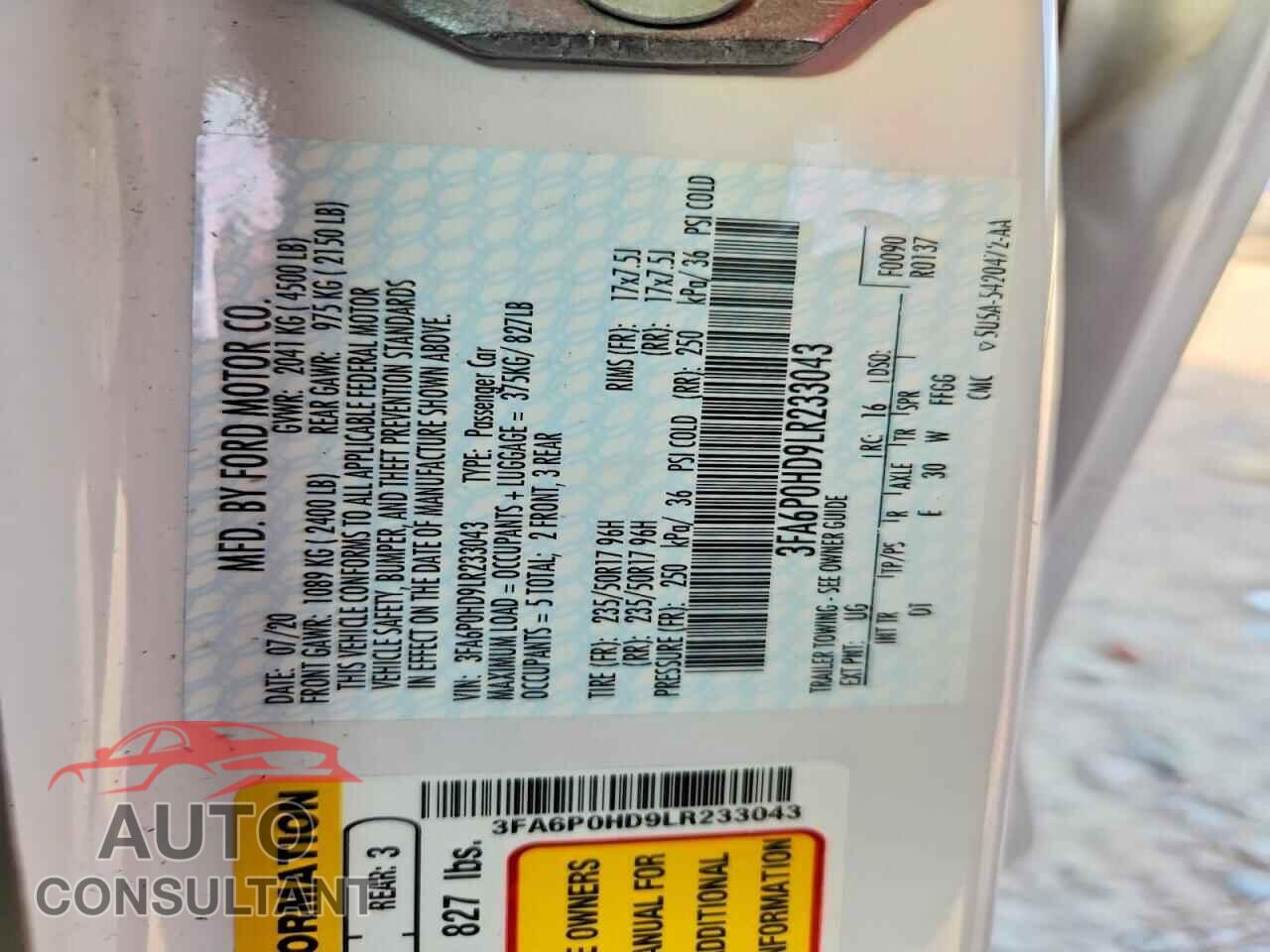 FORD FUSION 2020 - 3FA6P0HD9LR233043