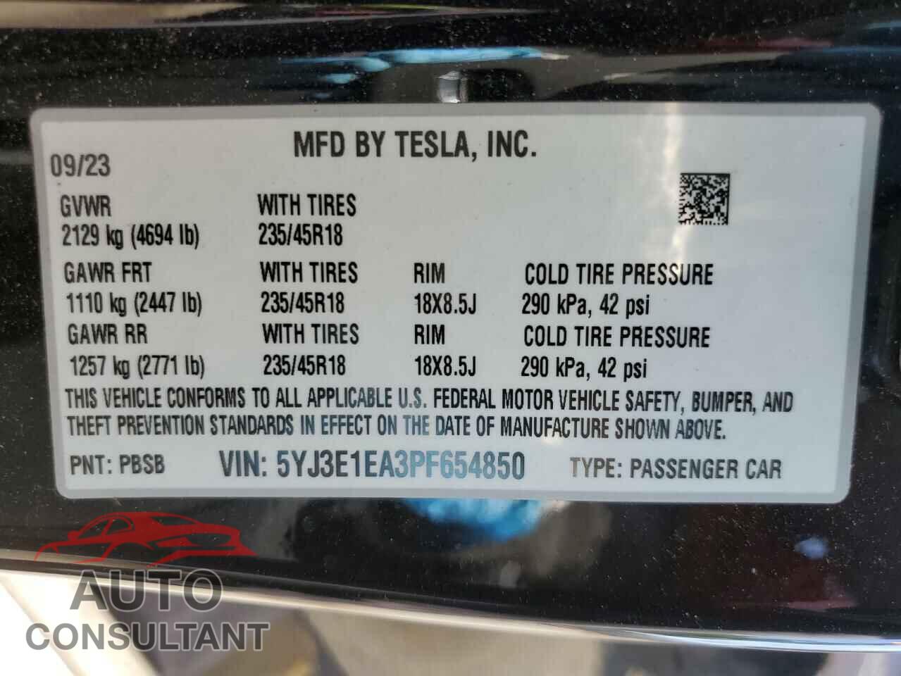 TESLA MODEL 3 2023 - 5YJ3E1EA3PF654850