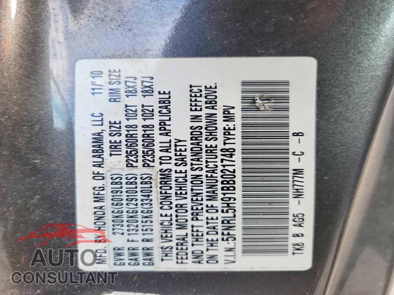 HONDA ODYSSEY 2011 - 5FNRL5H91BB021748