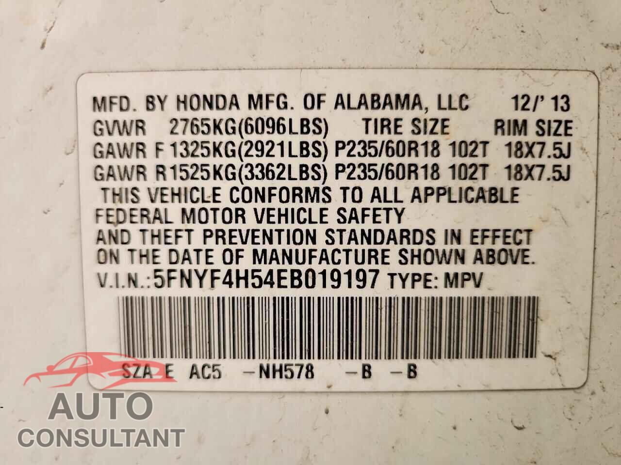 HONDA PILOT 2014 - 5FNYF4H54EB019197