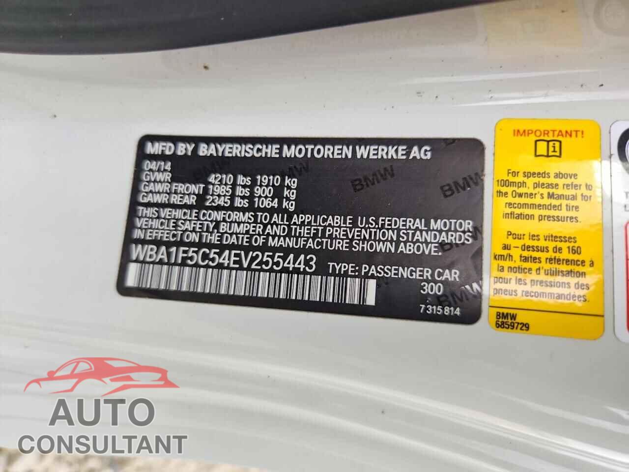 BMW 2 SERIES 2014 - WBA1F5C54EV255443