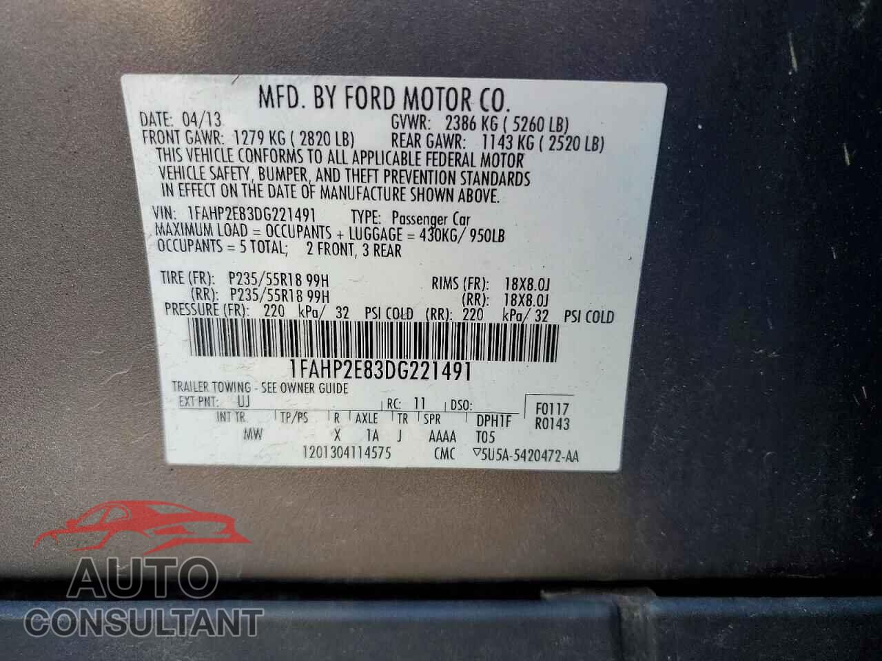 FORD TAURUS 2013 - 1FAHP2E83DG221491