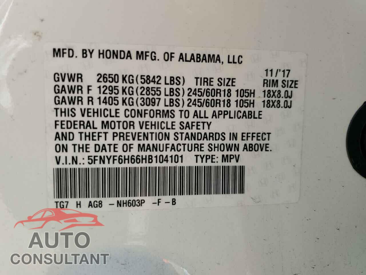 HONDA PILOT 2017 - 5FNYF6H66HB104101